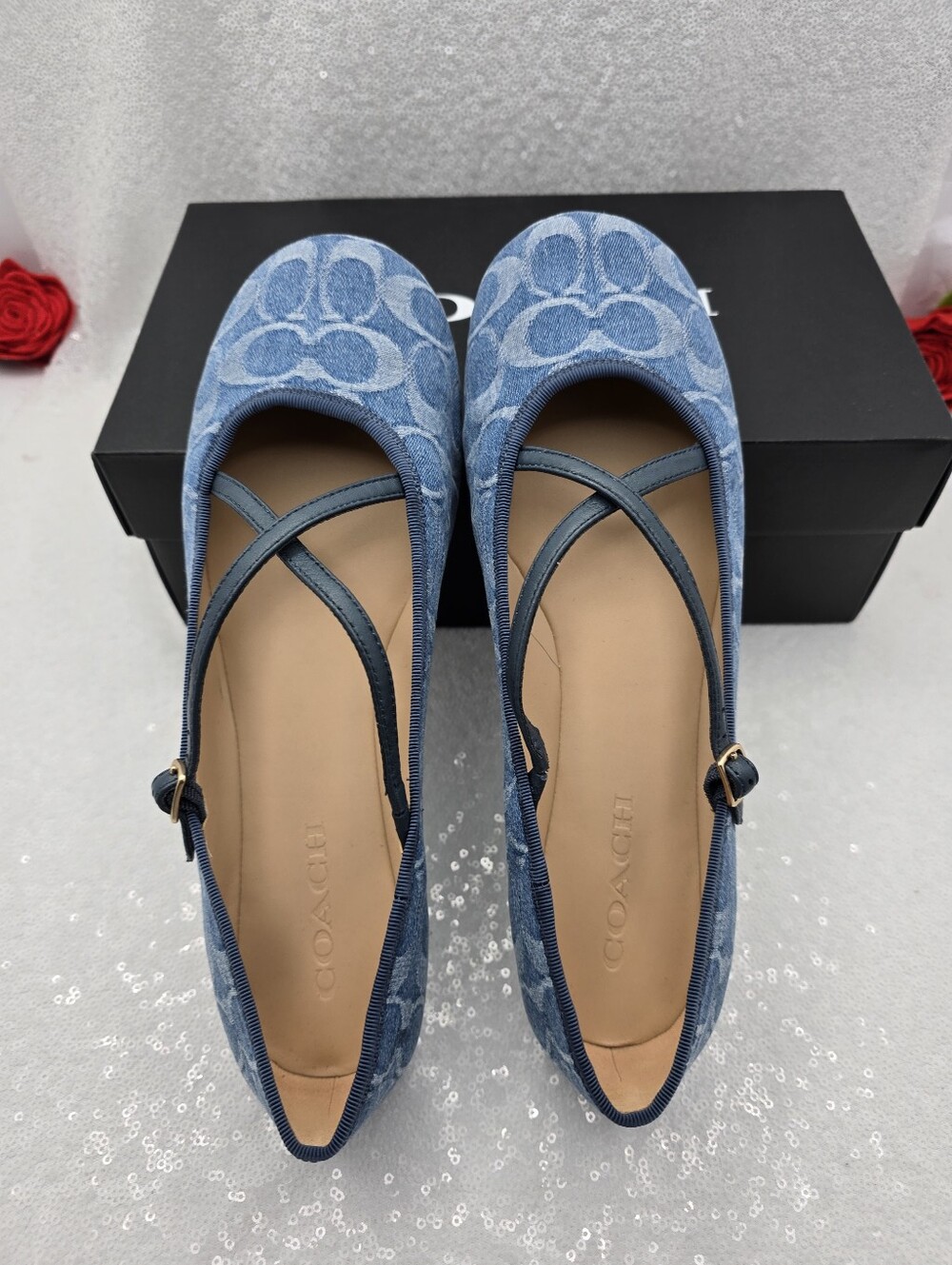 Coach Phoebe Signature Denim Ballet Flsts Cris-cross Leather Flats Women's 10 - Picture 4 of 11